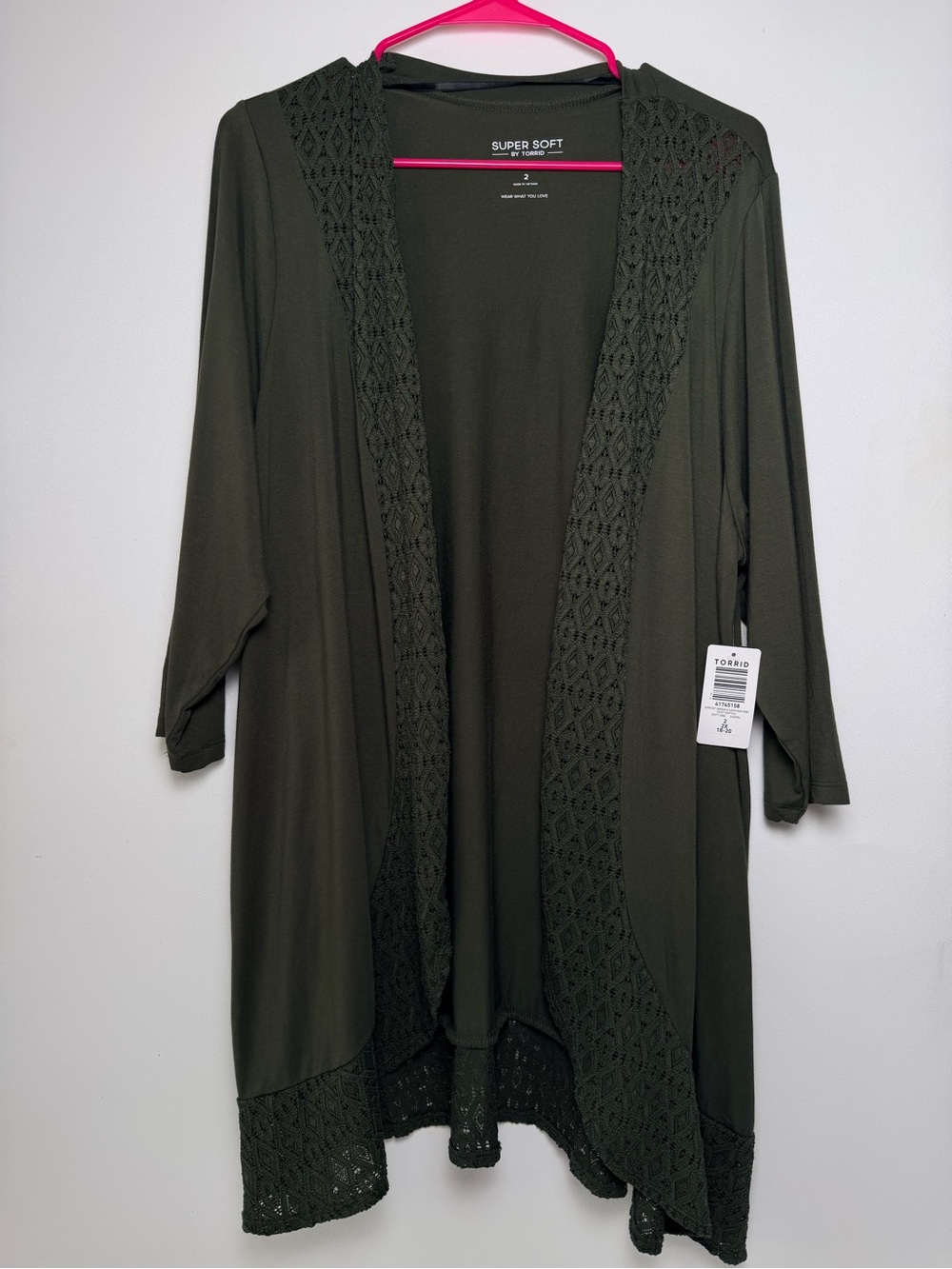 Torrid Super Soft Knit Lace Drape Open Front Cardigan 3/4 Sleeve 2X Green
